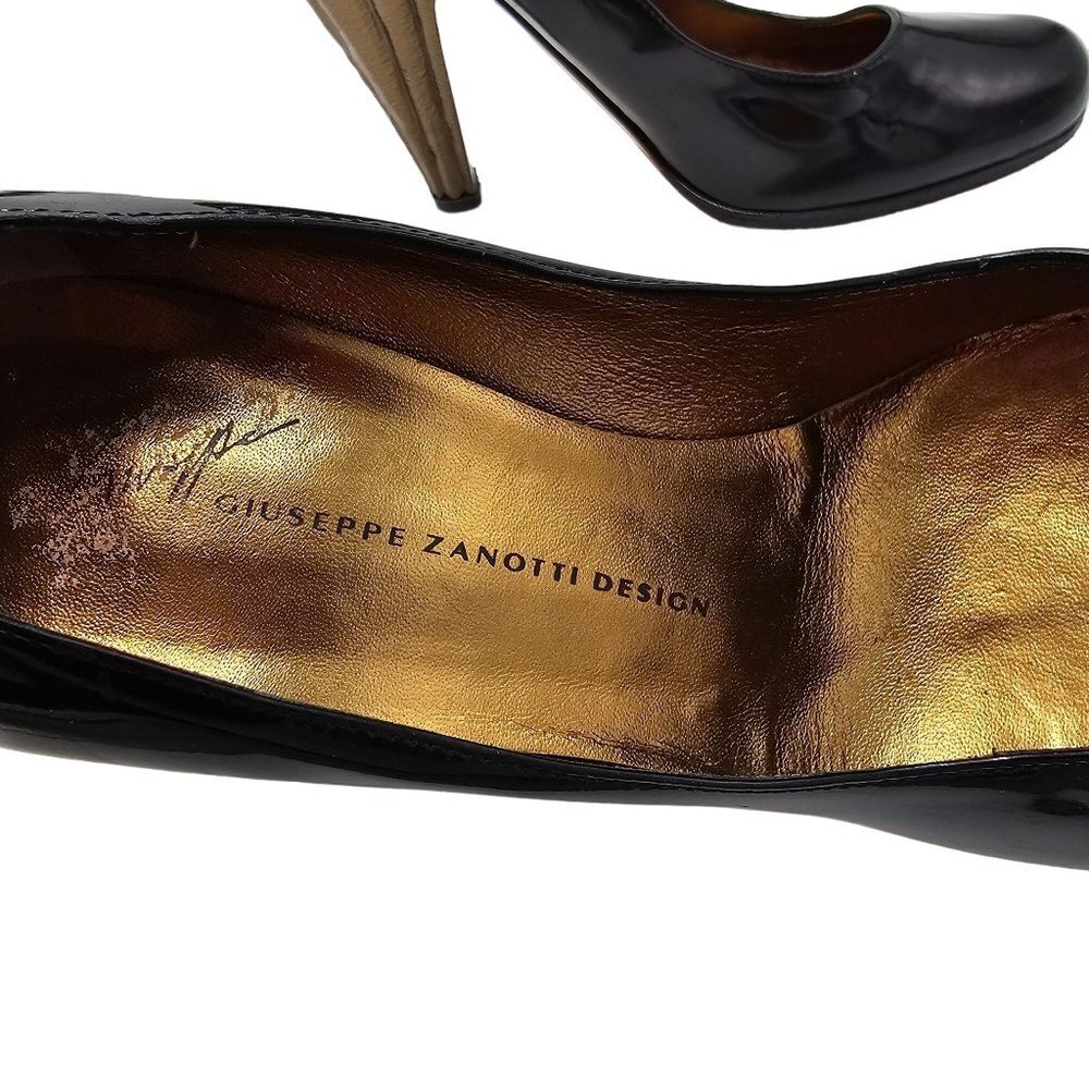 Guiseppe Zanotti Black Heels 7 Patent Leather Luxury Designer Gold Cone Heel 37 - Picture 5 of 16